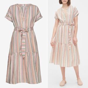 NWT Gap Linen Blend Striped Midi Dress Belted V-Neck Short Sleeve Size 14 Tall